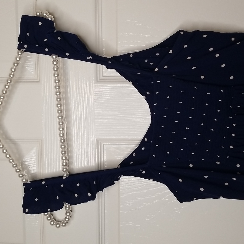 Madewell Sleeveless Blue White Polka Dot Flutter Strap Square Neck Mini Dress - Picture 7 of 14